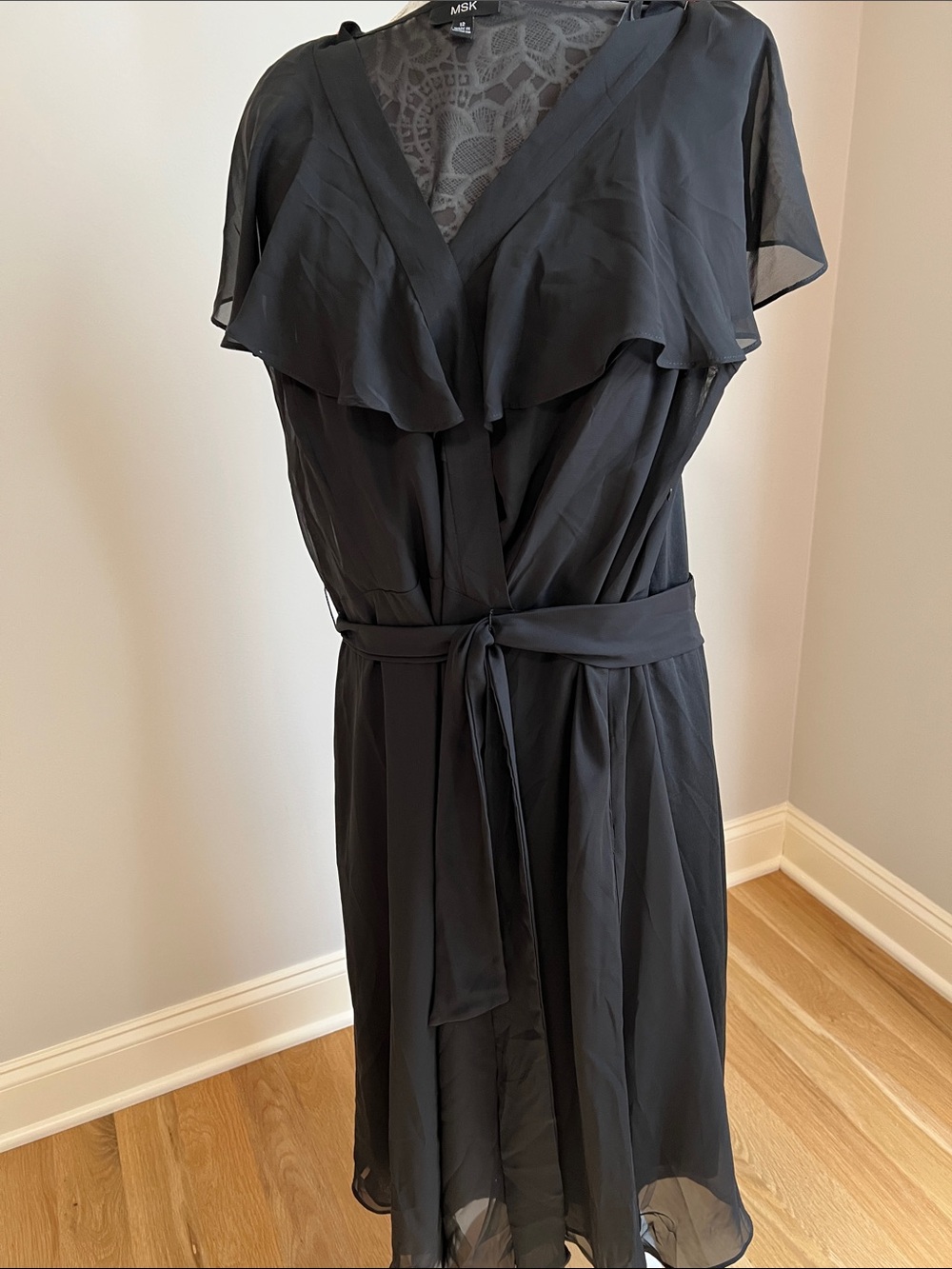 MSK Black Ruffle-Midi Dress with Tie Waist and Flutter Sleeves